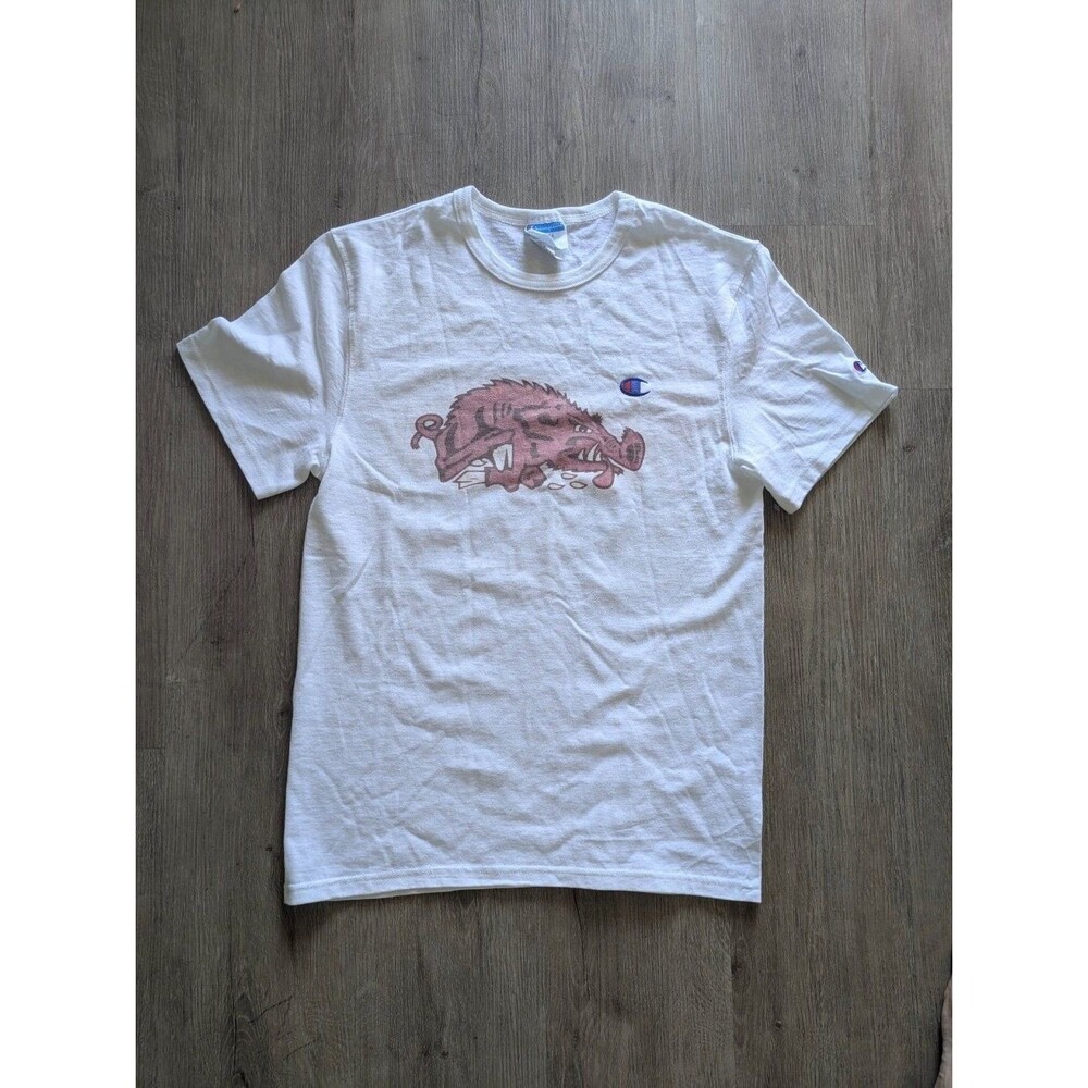 VTG Champion Arkansas Razorbacks T Shirt S White Cotton Blend Graphic front hog